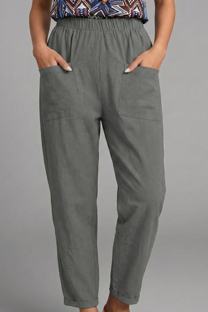 Women's Tapered Ankle Trousers with Elastic Waist and Side Pockets Back