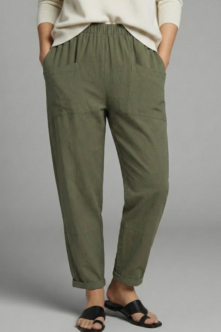 Women's Tapered Ankle Trousers with Elastic Waist and Side Pockets Close Up