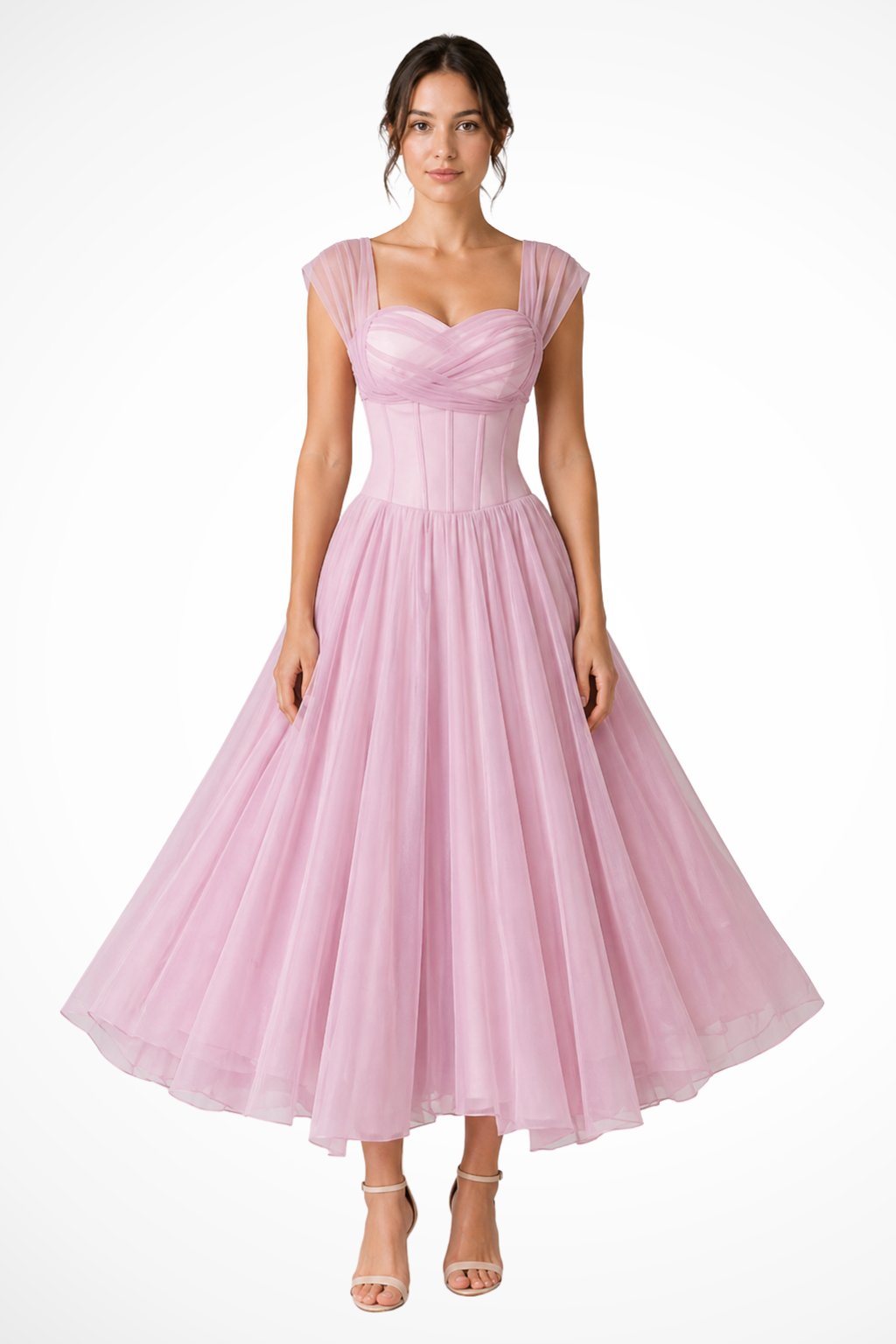 Women's Tulle A-Line Midi Dress | Wedding Guest with Sweetheart Neckline Back