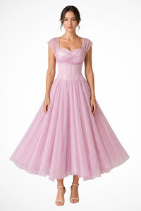 Women's Tulle A-Line Midi Dress | Wedding Guest with Sweetheart Neckline Back