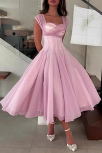 Women's Tulle A-Line Midi Dress | Wedding Guest with Sweetheart Neckline Close Up