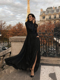 Women's Turtleneck Pleated Full Skirt Maxi Dress Back