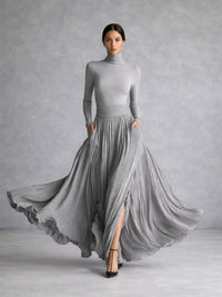 Women's Turtleneck Pleated Full Skirt Maxi Dress Close Up
