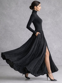 Women's Turtleneck Pleated Full Skirt Maxi Dress Front