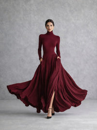 Women's Turtleneck Pleated Full Skirt Maxi Dress Lifestyle
