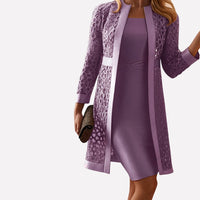 Women's Two Piece Dress | Floral Overlay Semi Formal Set Close Up
