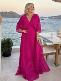 Women's V Neck Long Sleeve Pleated Maxi Dress with Defined Waist Angle