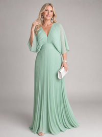 Women's V Neck Long Sleeve Pleated Maxi Dress with Defined Waist Back