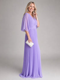Women's V Neck Long Sleeve Pleated Maxi Dress with Defined Waist Front