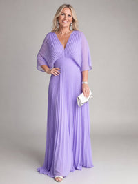 Women's V Neck Long Sleeve Pleated Maxi Dress with Defined Waist Hero