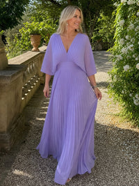 Women's V Neck Long Sleeve Pleated Maxi Dress with Defined Waist Side