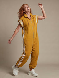 Women's Zip Front Stripe Panel Jumpsuit with High Neck Close Up