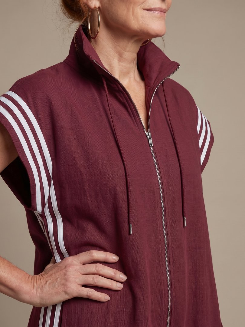 Women's Zip Front Stripe Panel Jumpsuit with High Neck Detail