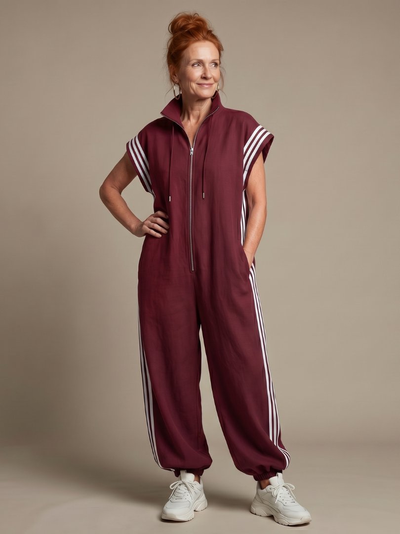 Women's Zip Front Stripe Panel Jumpsuit with High Neck Hero