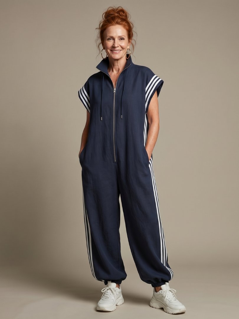Women's Zip Front Stripe Panel Jumpsuit with High Neck View 11