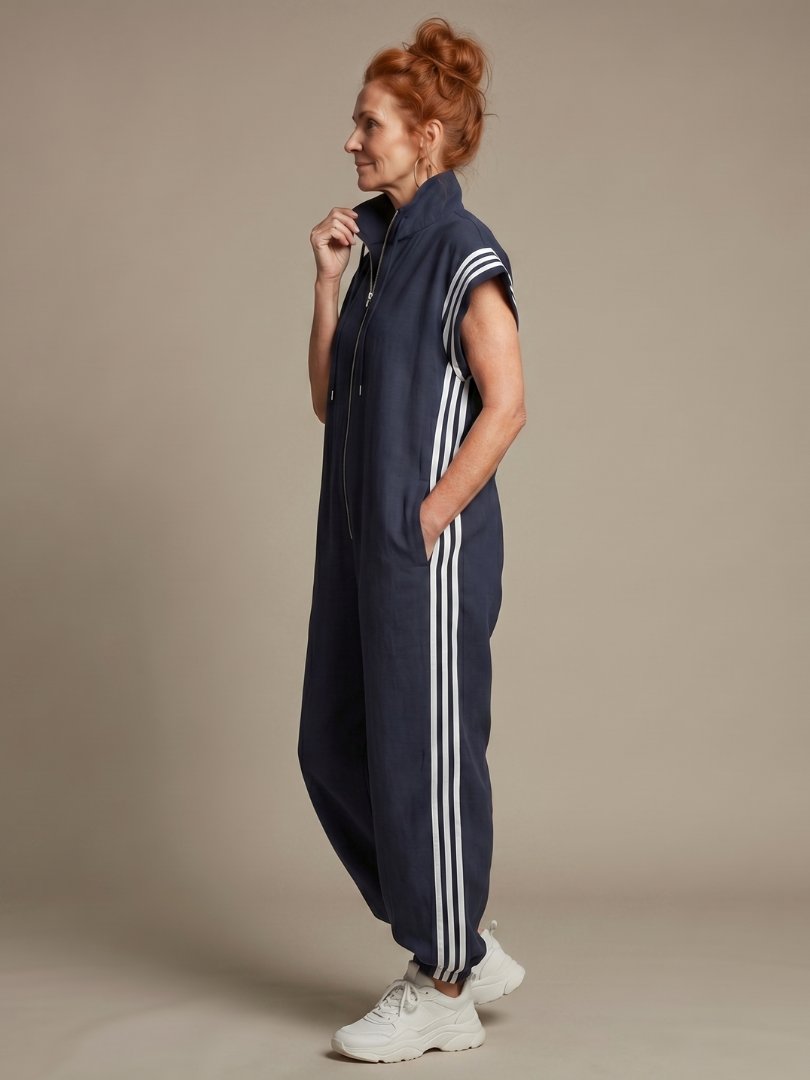 Women's Zip Front Stripe Panel Jumpsuit with High Neck View 12