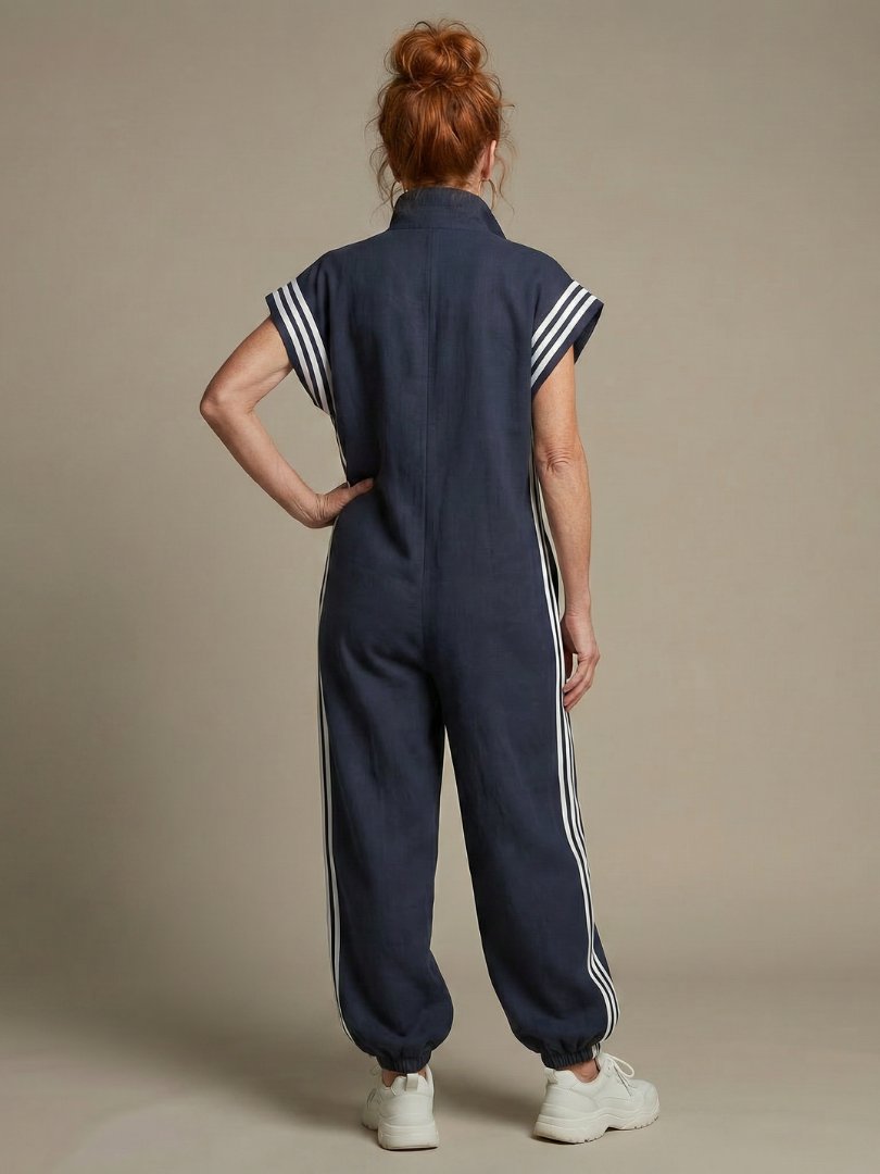 Women's Zip Front Stripe Panel Jumpsuit with High Neck View 14