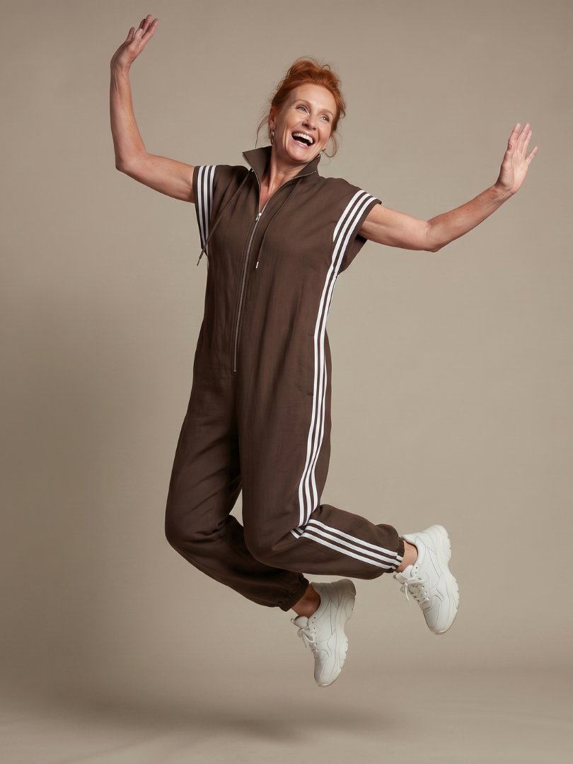 Women's Zip Front Stripe Panel Jumpsuit with High Neck View 16
