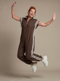 Women's Zip Front Stripe Panel Jumpsuit with High Neck View 16