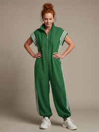 Women's Zip Front Stripe Panel Jumpsuit with High Neck View 21