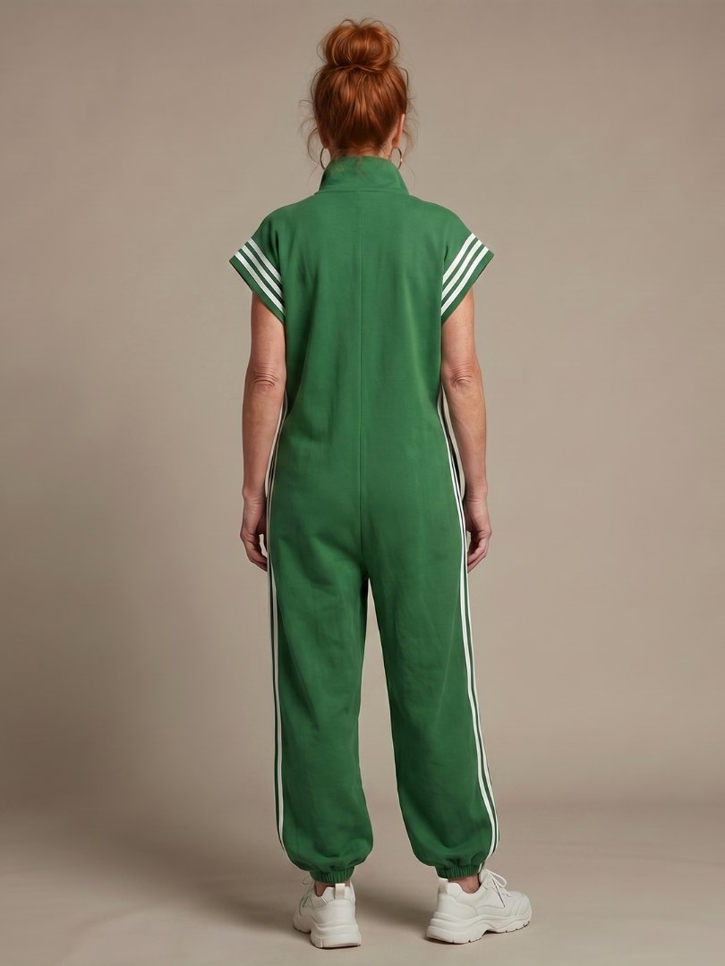 Women's Zip Front Stripe Panel Jumpsuit with High Neck View 24