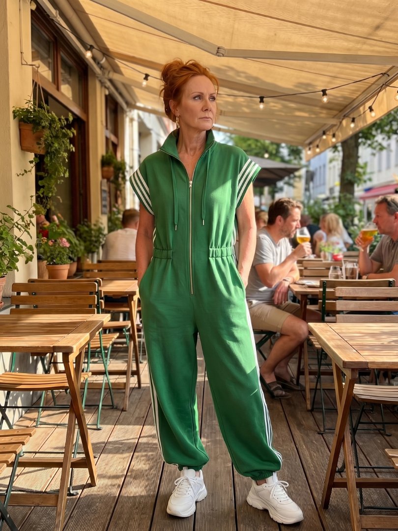 Women's Zip Front Stripe Panel Jumpsuit with High Neck View 25