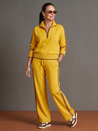 Women's Zip Neck Long Sleeve Wide Leg Pants Set Close Up