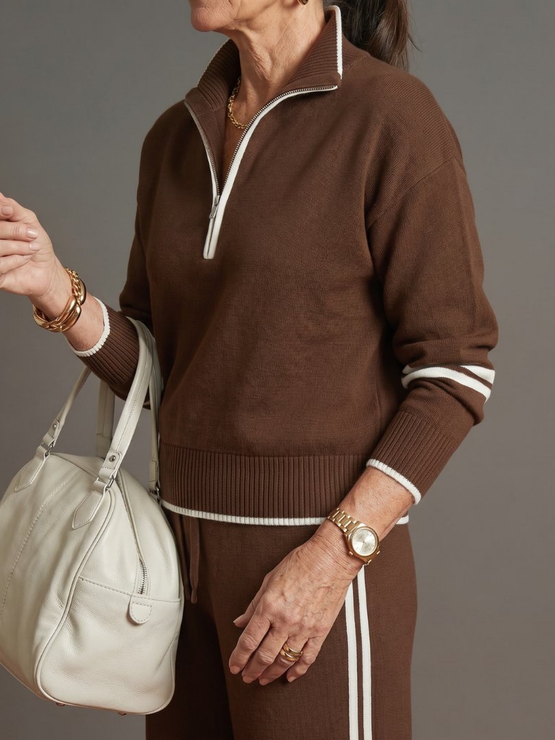 Women's Zip Neck Long Sleeve Wide Leg Pants Set Detail