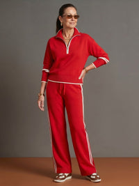 Women's Zip Neck Long Sleeve Wide Leg Pants Set Full