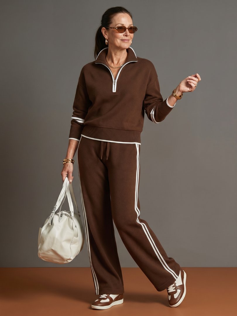Women's Zip Neck Long Sleeve Wide Leg Pants Set Hero