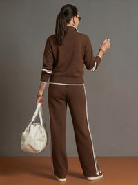 Women's Zip Neck Long Sleeve Wide Leg Pants Set Side