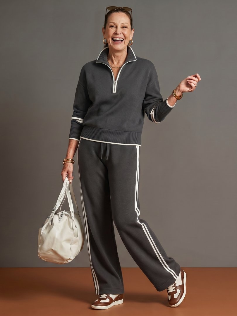 Women's Zip Neck Long Sleeve Wide Leg Pants Set View 11