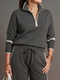 Women's Zip Neck Long Sleeve Wide Leg Pants Set View 12