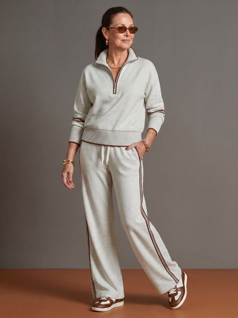 Women's Zip Neck Long Sleeve Wide Leg Pants Set View 14