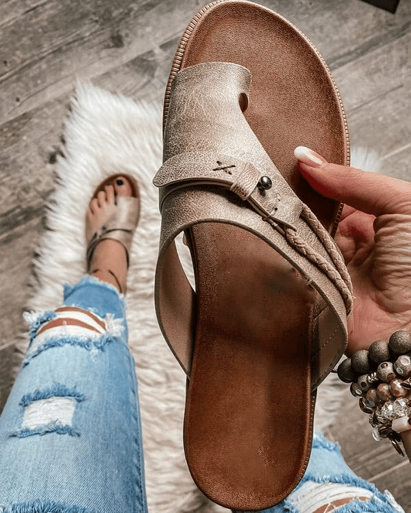 Women's Thong Sandals with Buckle Strap and Toe Ring Detail